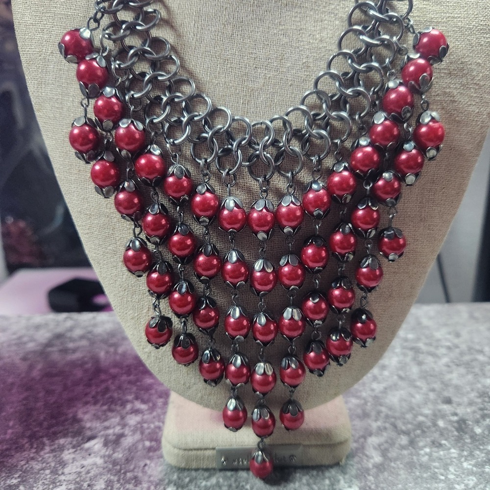 Red beaded Bib Necklace Gunmetal Chainmail Statement Fringe